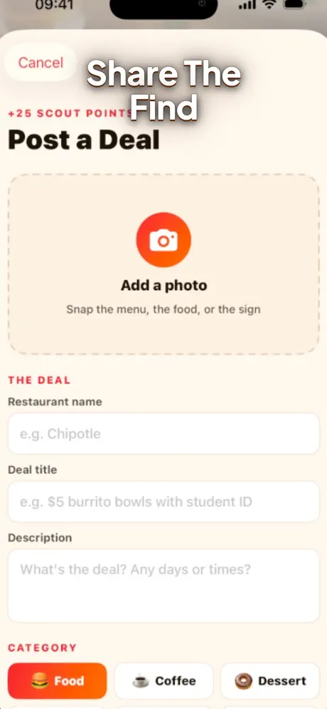 Post a deal screen to share a find