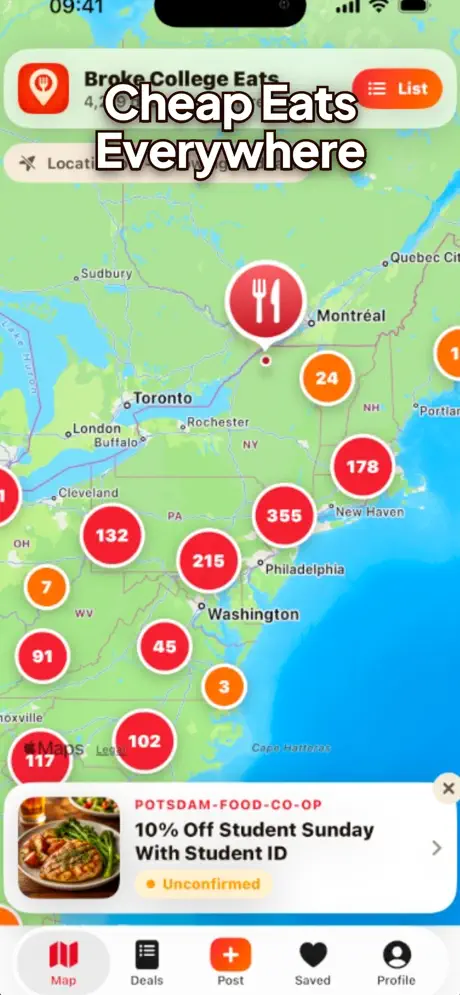 Broke College Eats app showing deal pins on a map
